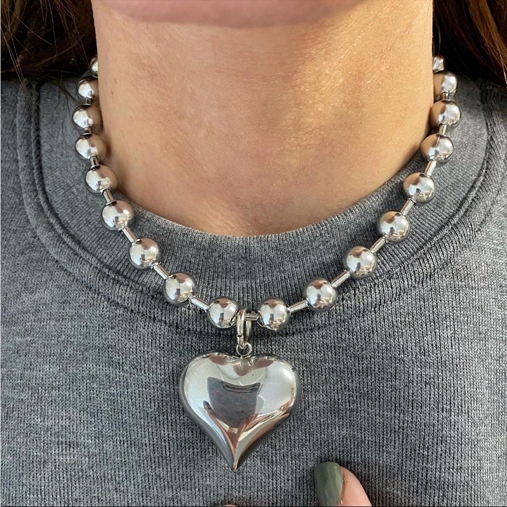 Chunky Silver Heart Pendant Necklace